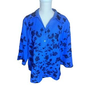 Silk Land Woman Blue Raw Silk Floral Embroidered Jacket Plus Size 2X